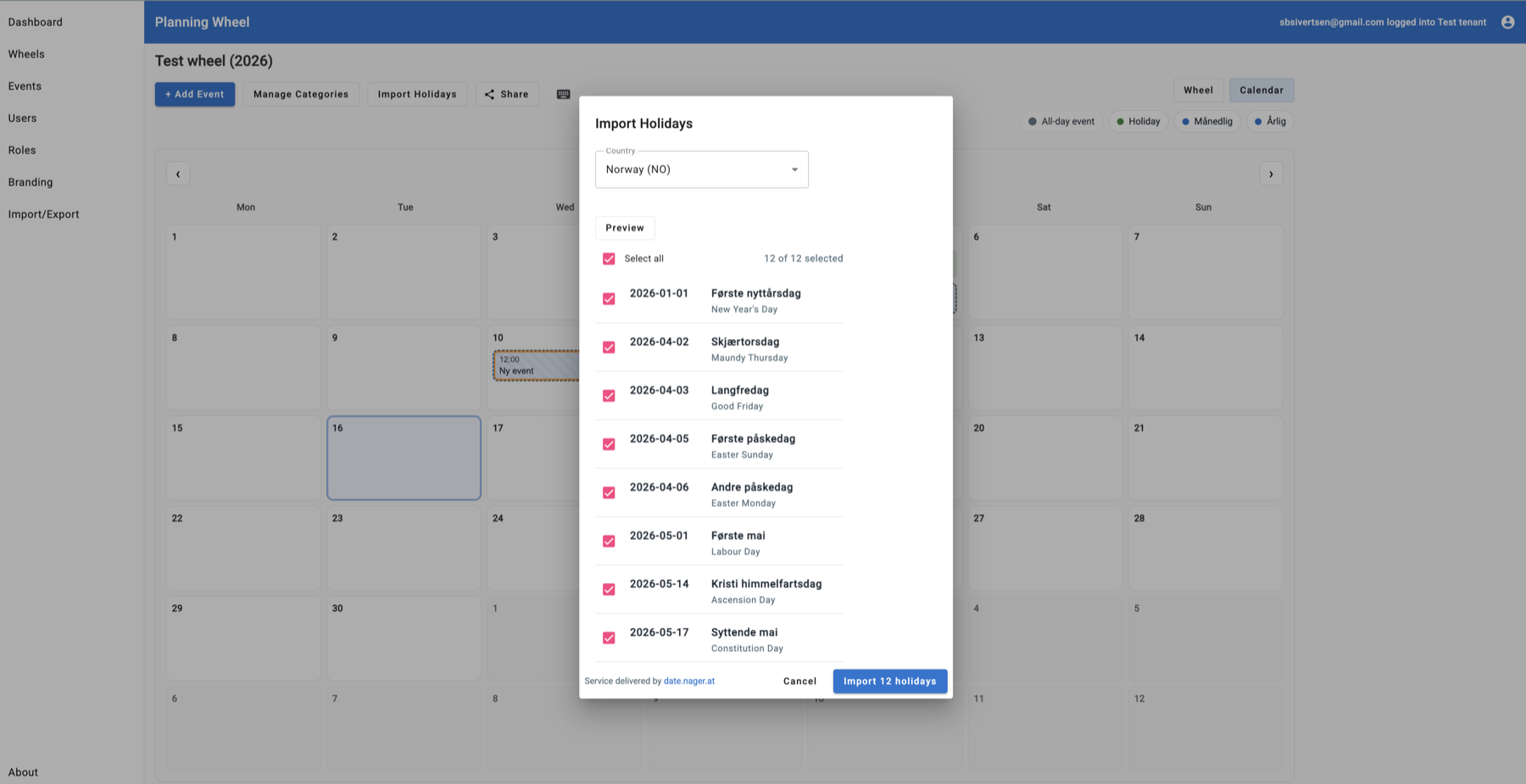 PlanningWheel holiday import dialog with a Norway selection, year selector, duplicate handling option, and public holidays to import.